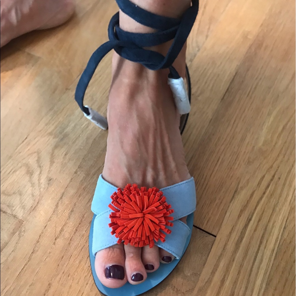 Lace Up Suede Sandals with Pom Poms